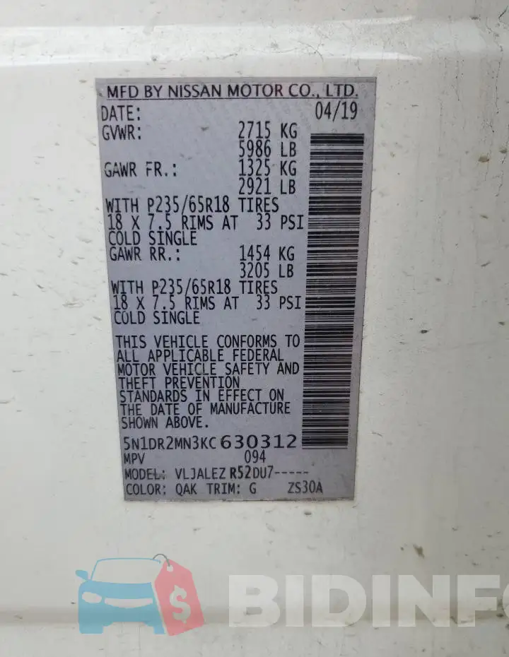 5N1DR2MN3KC630312 Photo# 13