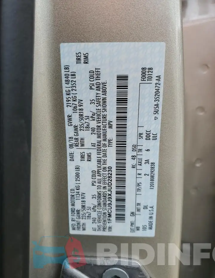 1FMCU9J9XJUD28230 Photo# 13