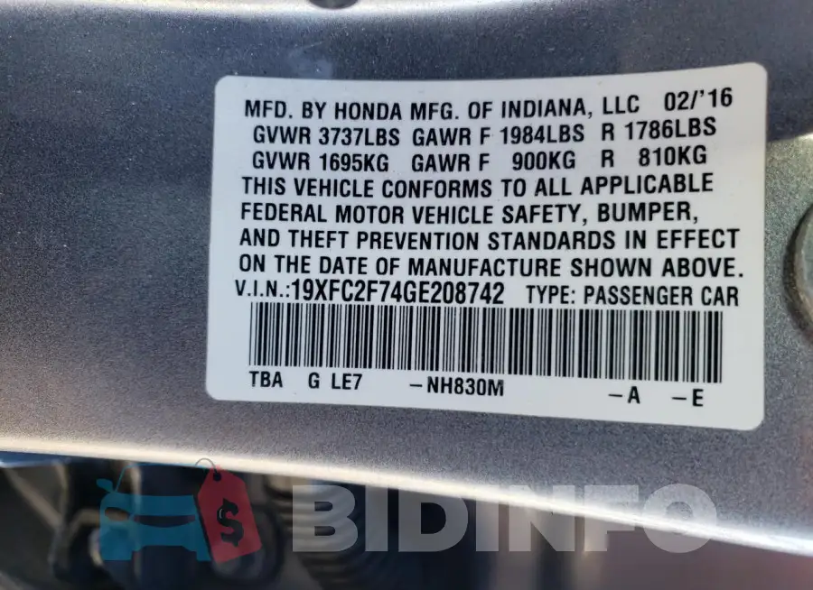 19XFC2F74GE208742 Photo# 12