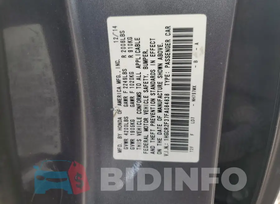 1HGCR2F37FA084838 Photo# 12