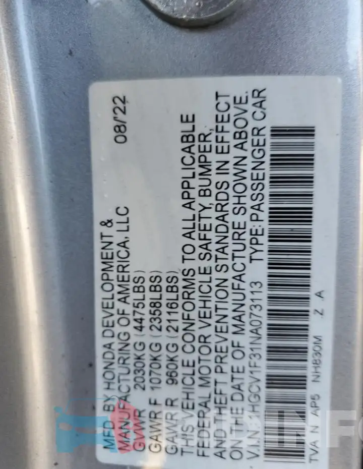 1HGCV1F31NA073113 Photo# 12