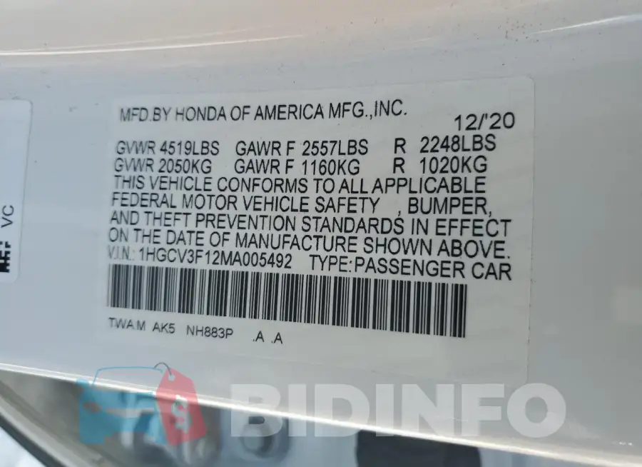 1HGCV3F12MA005492 Photo# 12