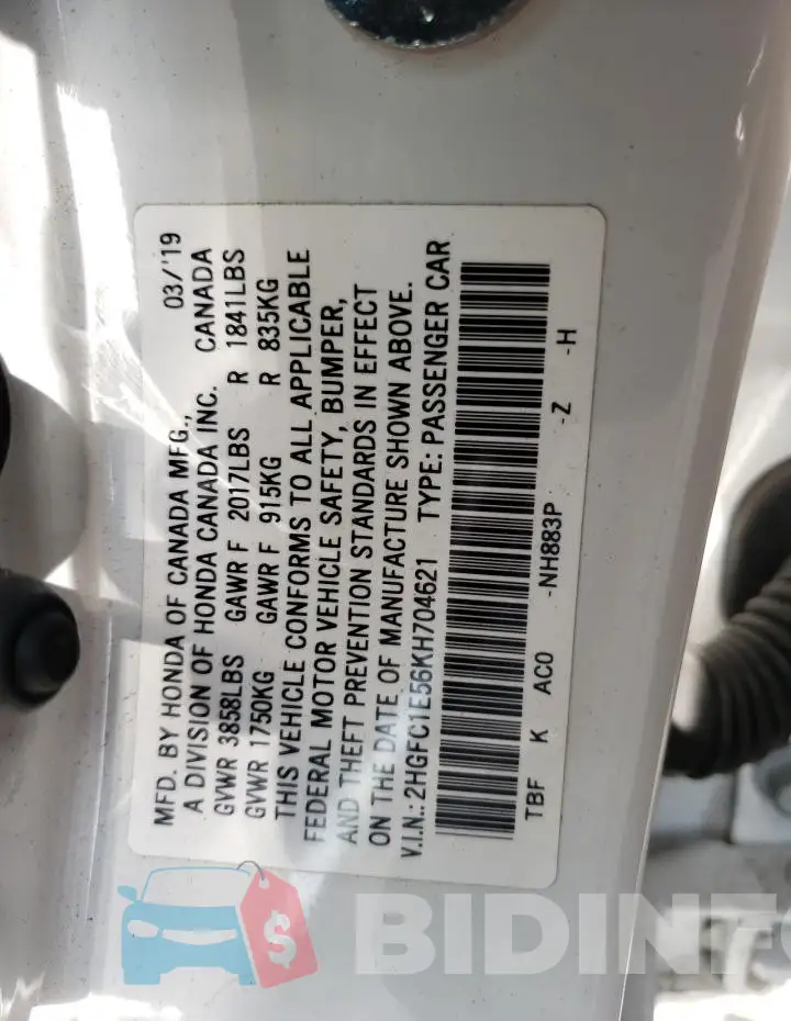 2HGFC1E56KH704621 Photo# 13