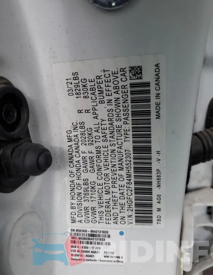 2HGFC2F84MH552307 Photo# 12