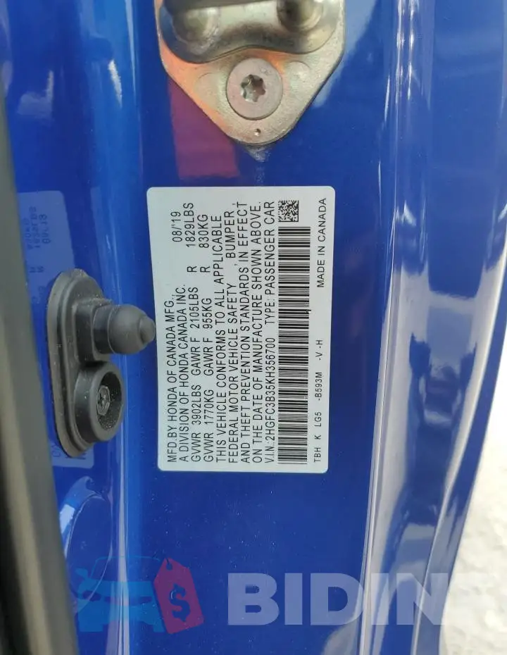 2HGFC3B35KH356700 Photo# 12