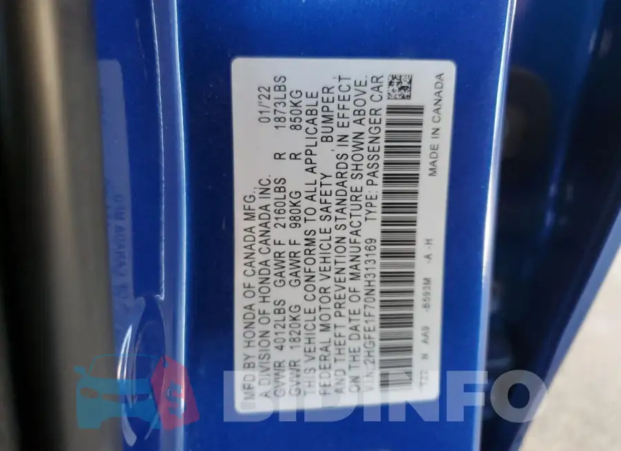 2HGFE1F70NH313169 Photo# 12