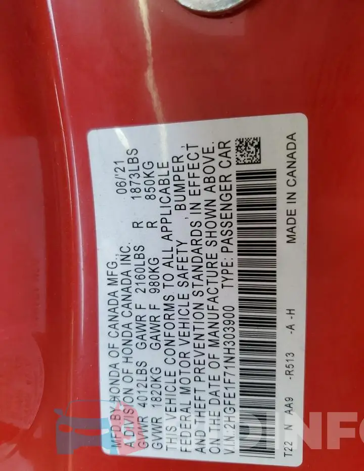 2HGFE1F71NH303900 Photo# 12