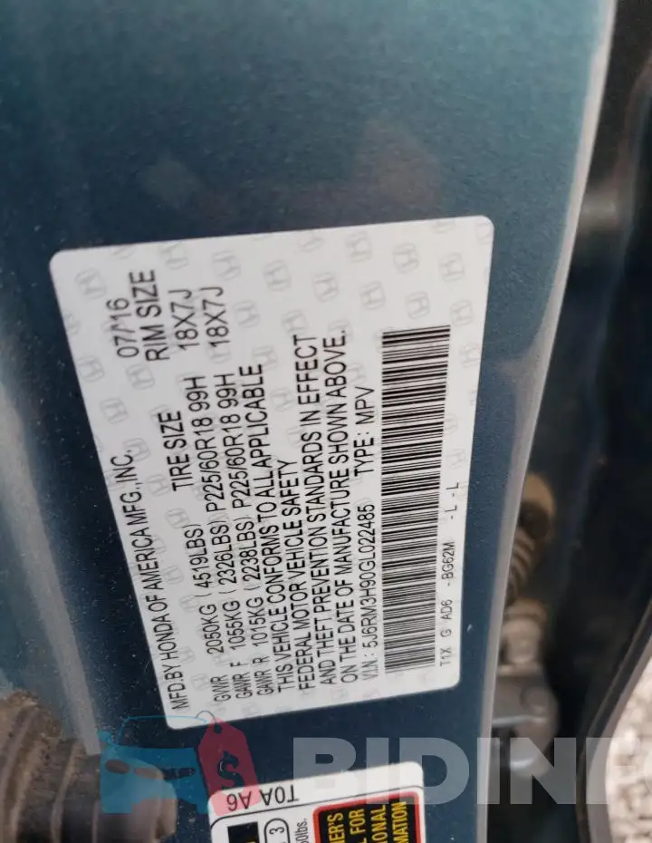 5J6RM3H90GL022485 Photo# 12