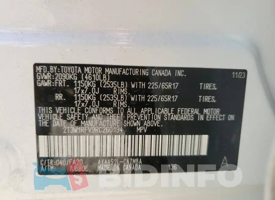 2T3W1RFV9RC260194 Photo# 14