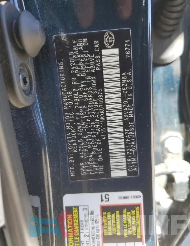 4T1B11HKXKU700875 Photo# 13