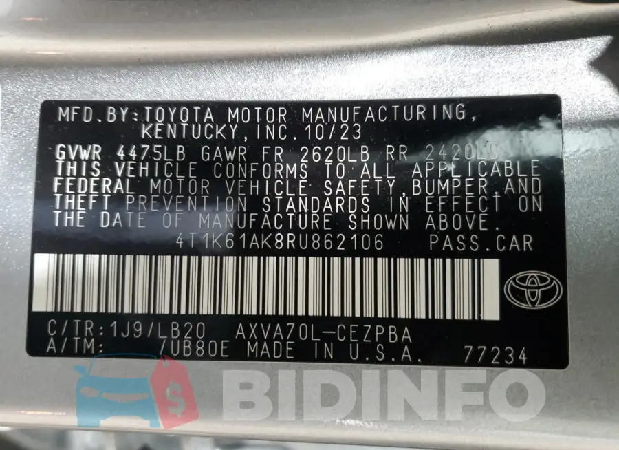 4T1K61AK8RU862106 Photo# 12