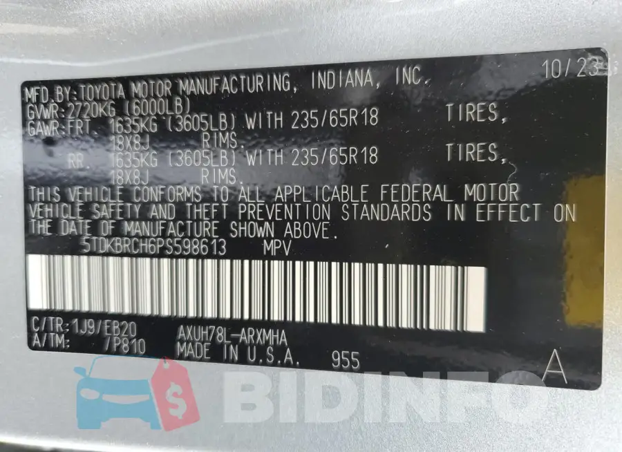 5TDKBRCH6PS598613 Photo# 12