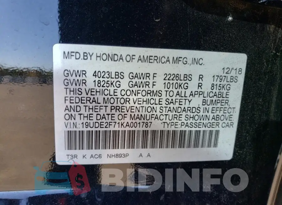 19UDE2F71KA001787 Photo# 12