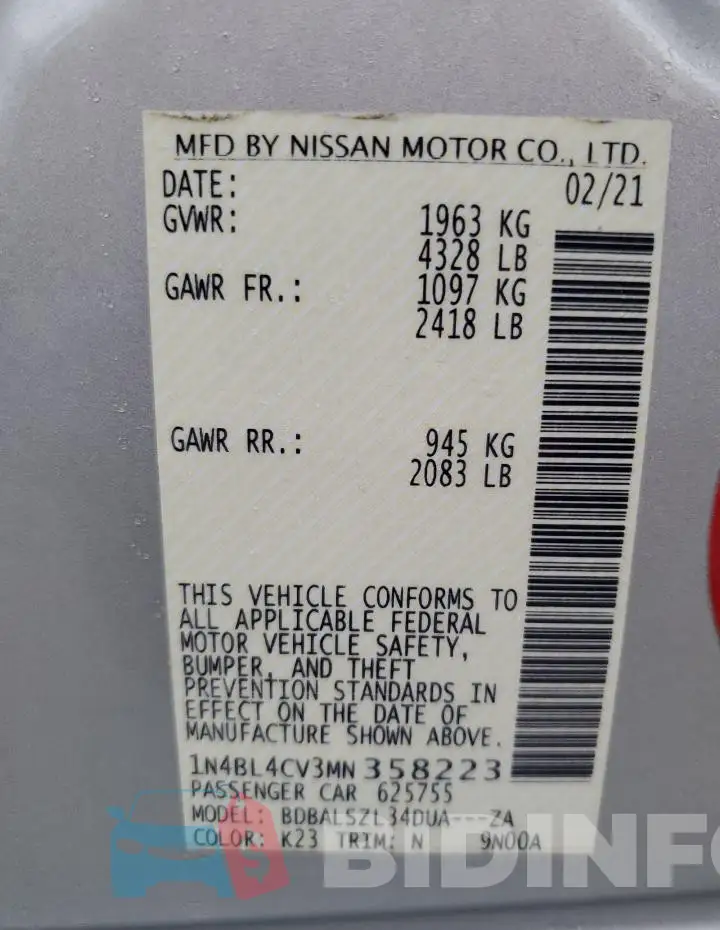 1N4BL4CV3MN358223 Photo# 13