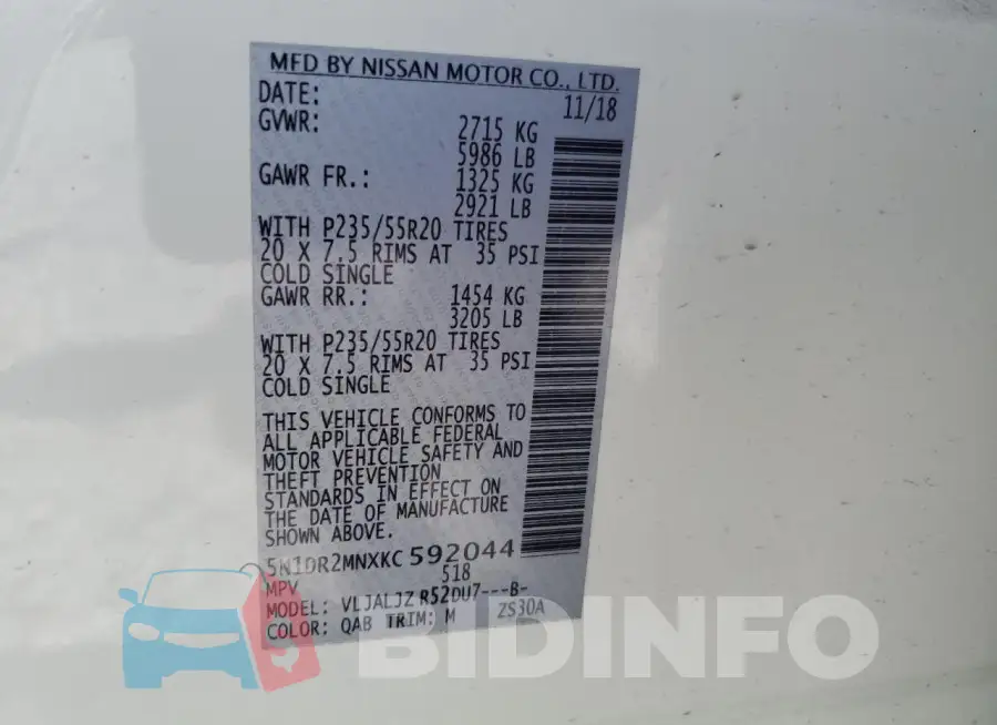 5N1DR2MNXKC592044 Photo# 12
