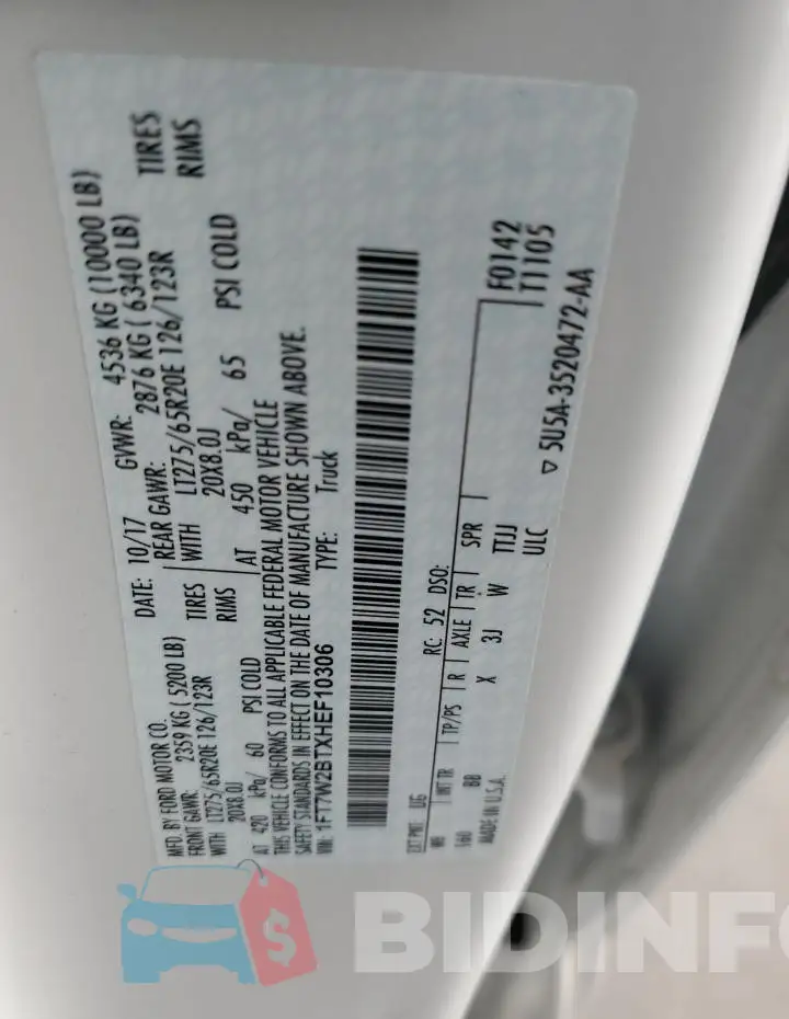 1FT7W2BTXHEF10306 Photo# 12