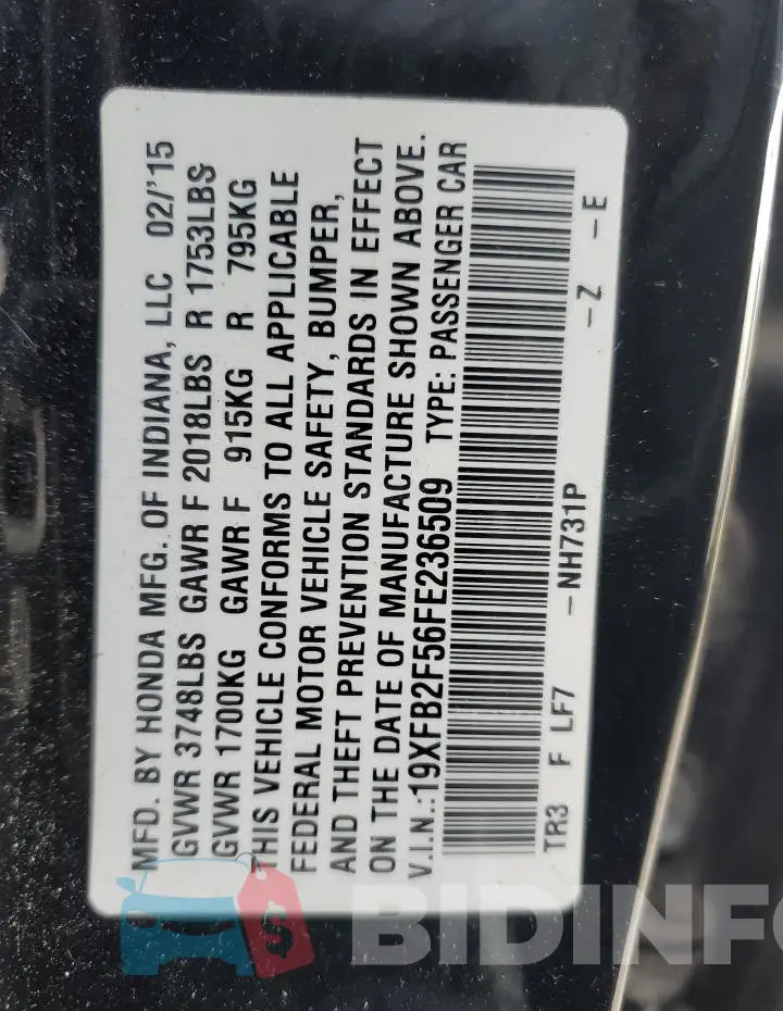 19XFB2F56FE236509 Photo# 12
