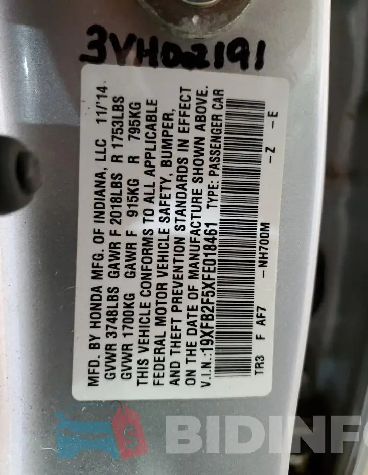 19XFB2F5XFE018461 Photo# 12