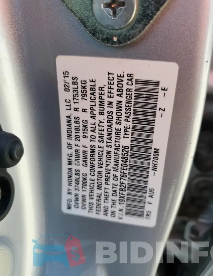 19XFB2F76FE048526 Photo# 12