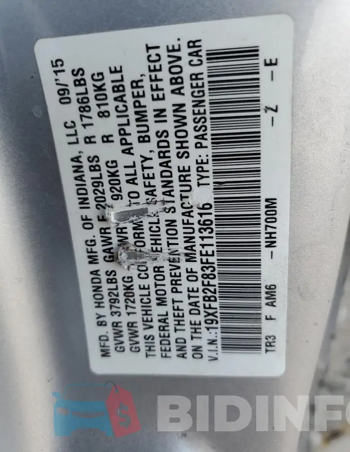 19XFB2F83FE113616 Photo# 12
