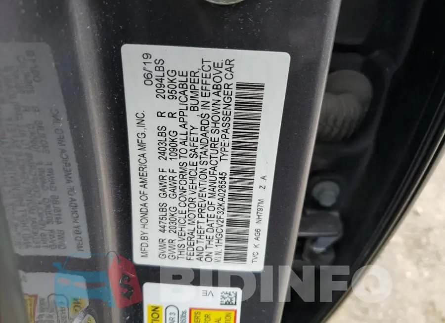 1HGCV2F32KA026545 Photo# 12