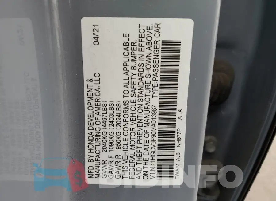 1HGCV3F90MA013967 Photo# 12