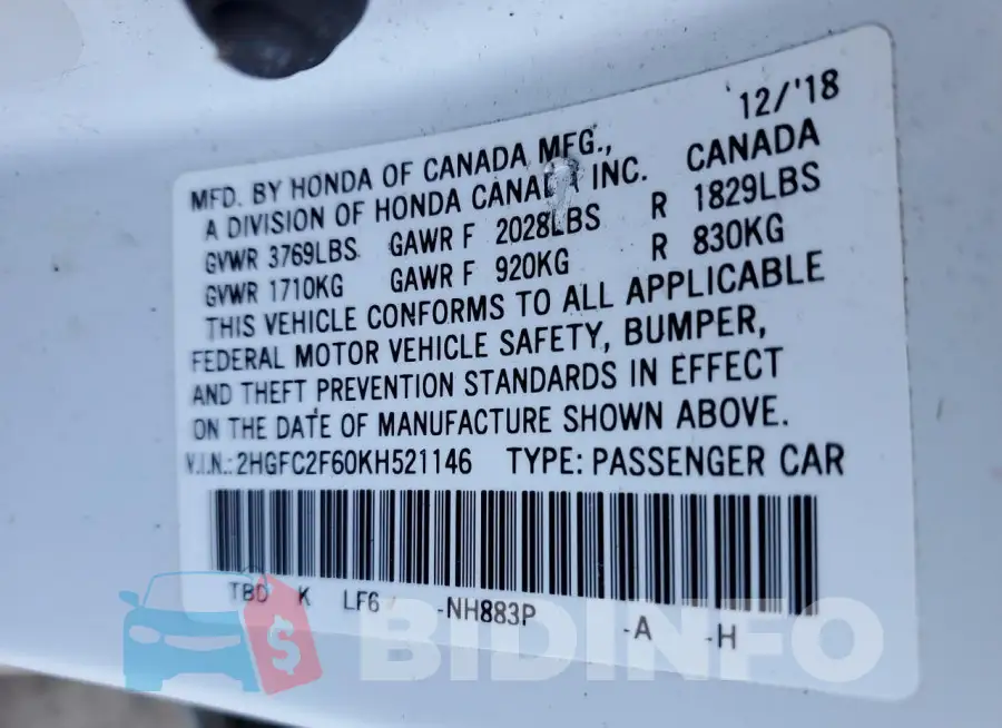 2HGFC2F60KH521146 Photo# 13