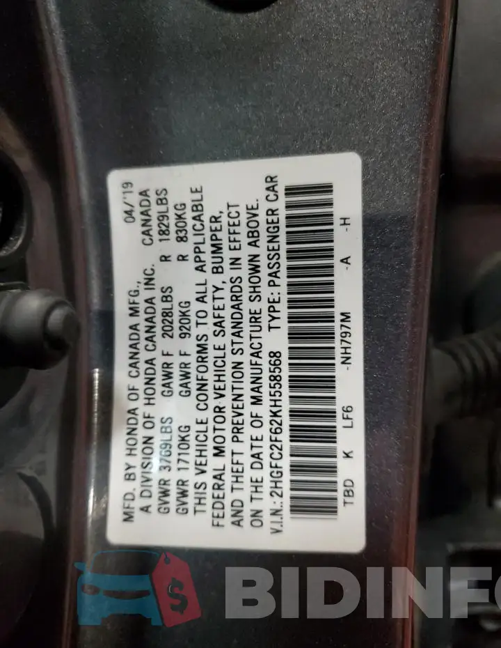 2HGFC2F62KH558568 Photo# 12
