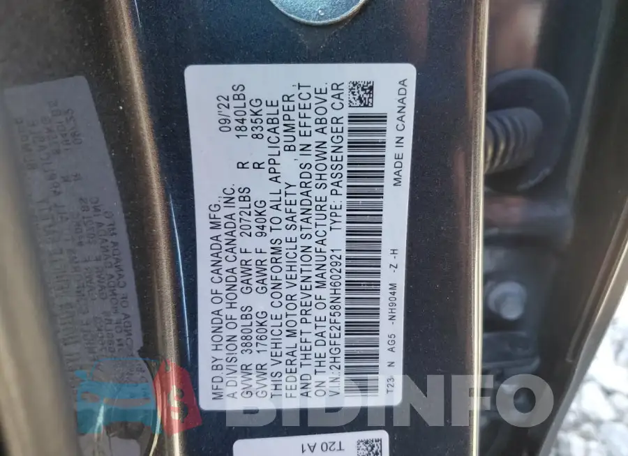 2HGFE2F58NH602921 Photo# 12