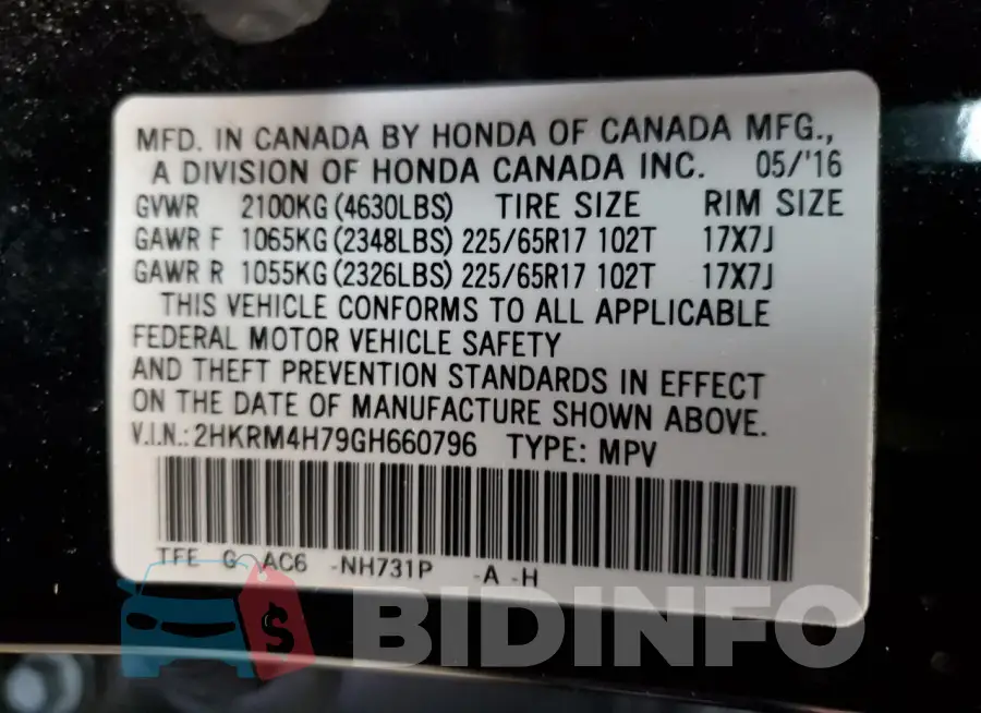 2HKRM4H79GH660796 Photo# 12