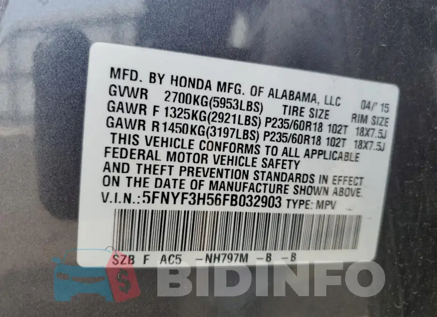 5FNYF3H56FB032903 Photo# 13