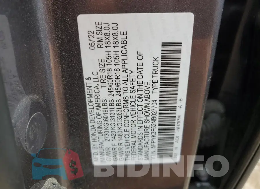 5FPYK3F52NB027704 Photo# 12