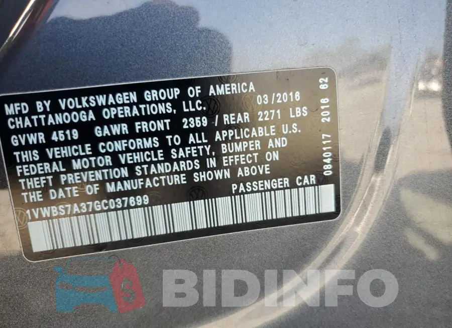 1VWBS7A37GC037699 Photo# 12