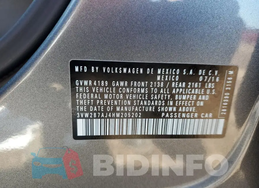 3VW2B7AJ4HM205202 Photo# 12
