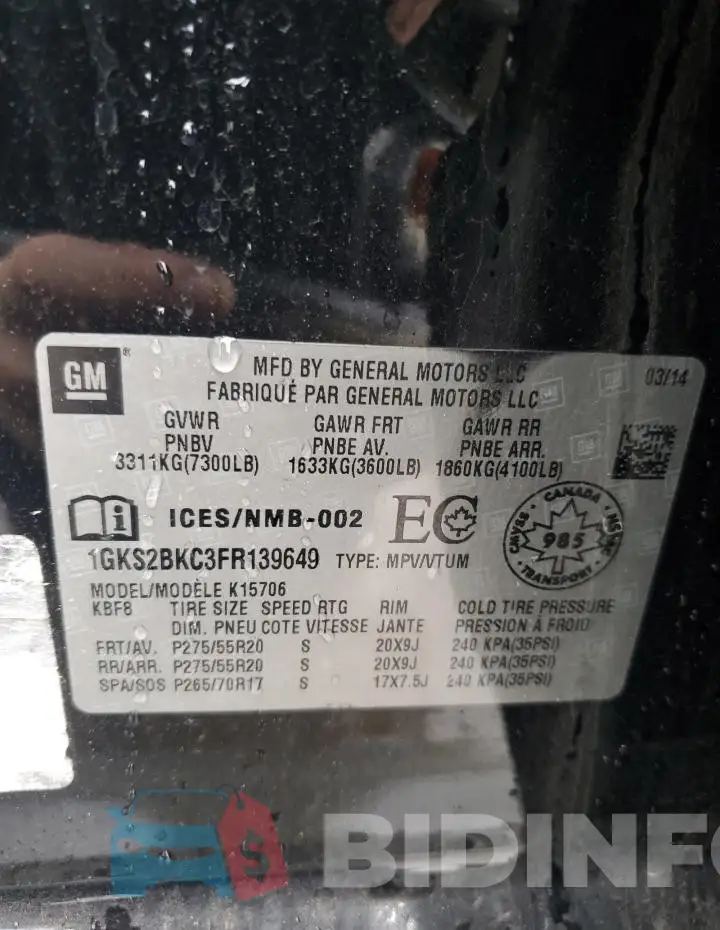 1GKS2BKC3FR139649 Photo# 13