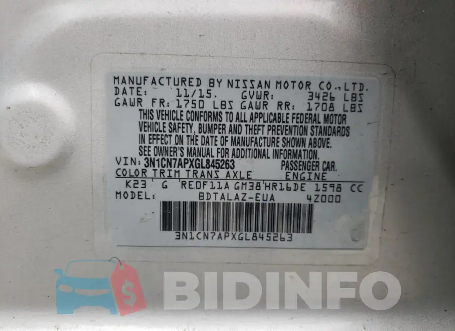 3N1CN7APXGL845263 Photo# 12