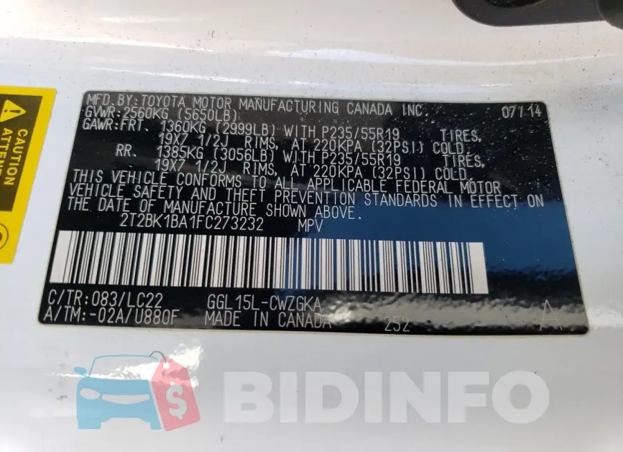 2T2BK1BA1FC273232 Photo# 13