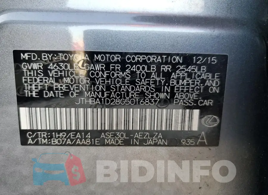 JTHBA1D28G5016837 Photo# 12