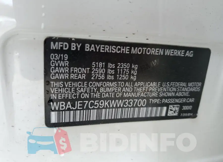 WBAJE7C59KWW33700 Photo# 12