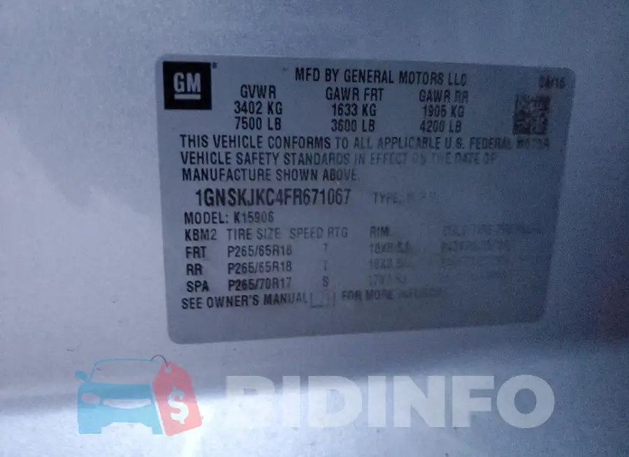 1GNSKJKC4FR671067 Photo# 13