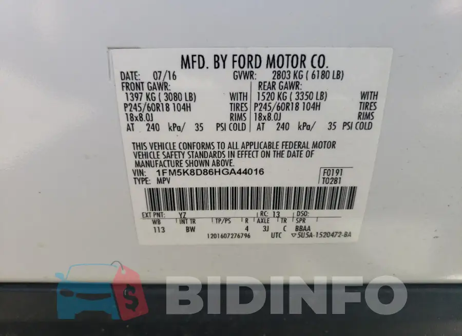 1FM5K8D86HGA44016 Photo# 13