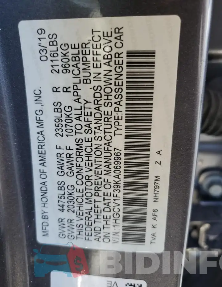 1HGCV1F39KA069967 Photo# 12