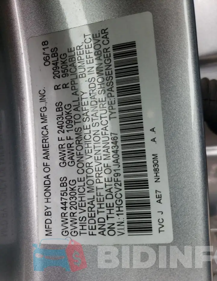 1HGCV2F91JA043467 Photo# 12