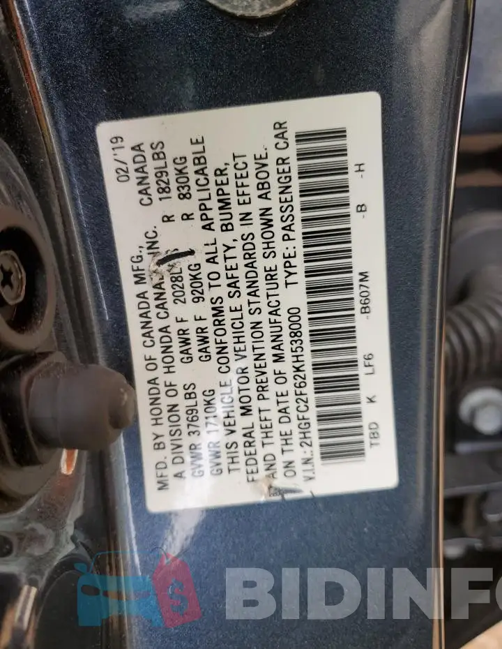 2HGFC2F62KH538000 Photo# 12