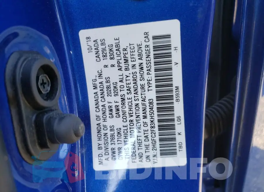 2HGFC2F83KH504083 Photo# 13