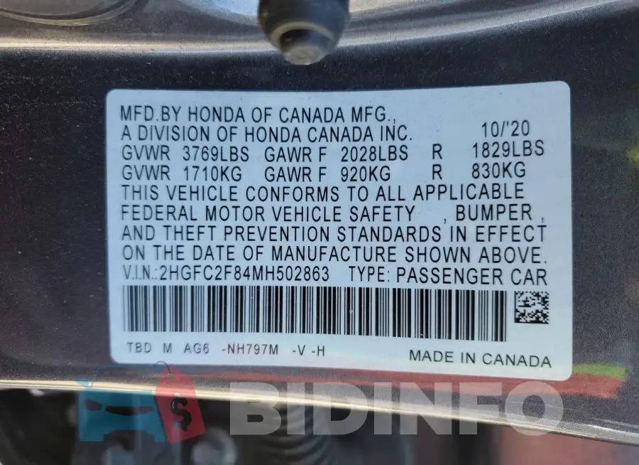 2HGFC2F84MH502863 Photo# 13