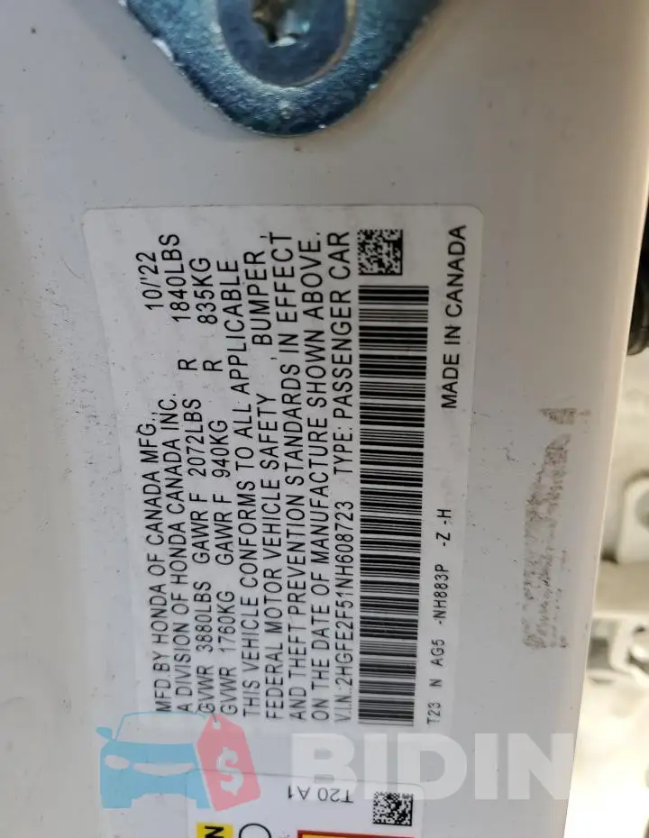 2HGFE2F51NH608723 Photo# 12
