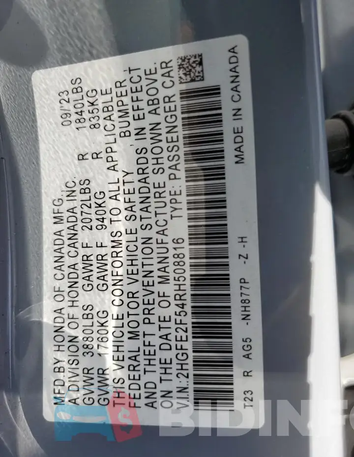 2HGFE2F54RH508816 Photo# 12