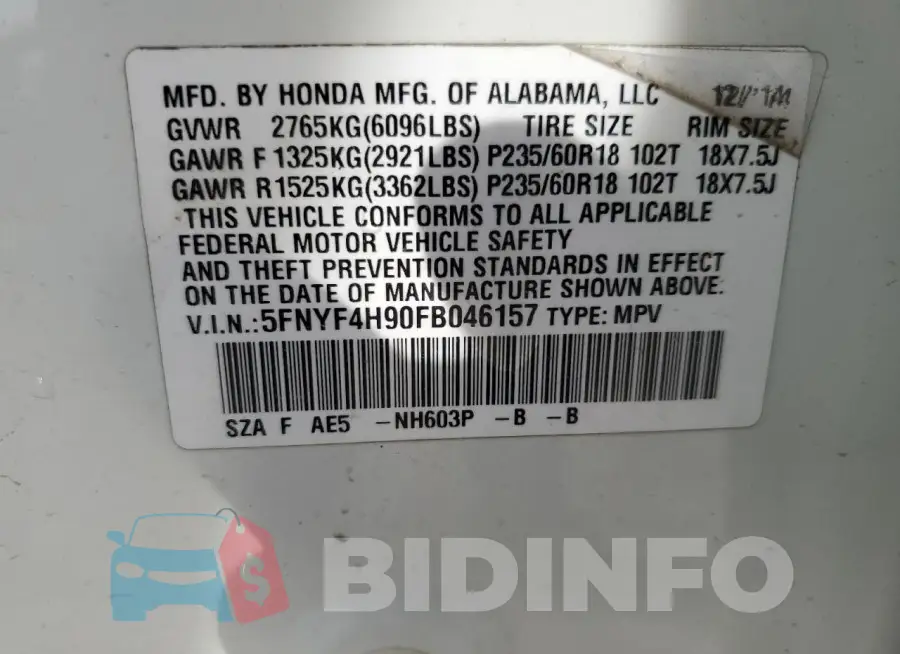 5FNYF4H90FB046157 Photo# 13