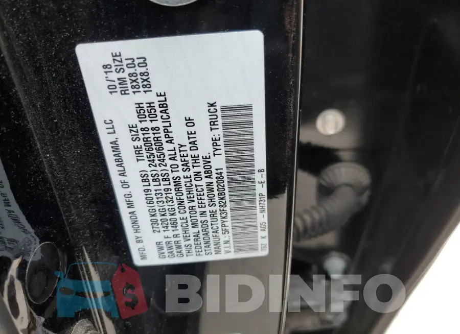 5FPYK3F82KB020841 Photo# 12